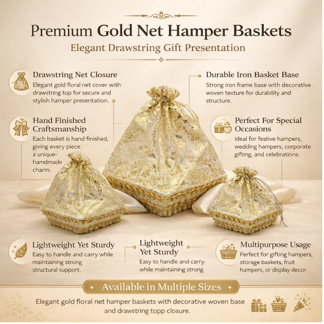 Gold Rectangle Decorative Net Basket with Drawstring Cover | Hamper Basket for Gift Packaging | 3 Sizes Available | Pack of 1