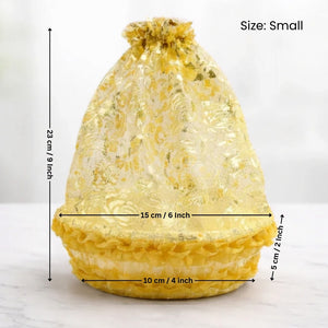 Small yellow drawstring bag with measurements on a white background