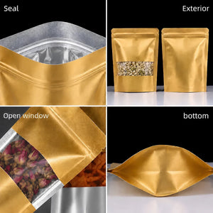 A four-panel product collage showing a metallic gold stand-up pouch package from multiple angles: sealed close-up, exterior view with a clear window, open window detail, and the pouch inflated to show the bottom shape. Text labels identify each view.