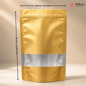 A metallic gold stand-up pouch bag with a reflective silver band around the middle, shown with dimension lines indicating 19 cm (7.5 inches) width and 29 cm (11.