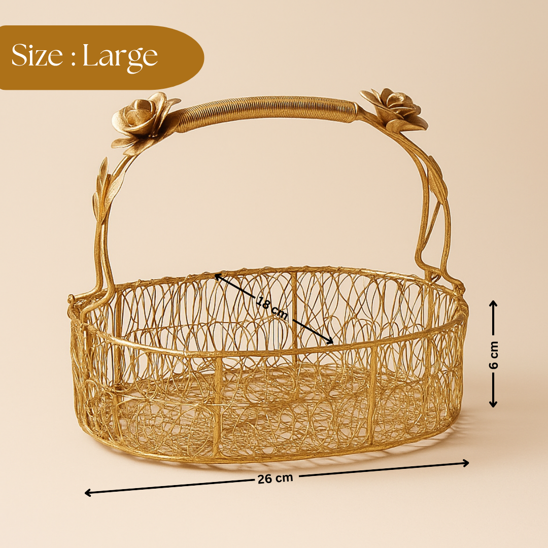 Decorative Gold Metal Hamper Basket For Gifting Oval with Handle | 1 Piece