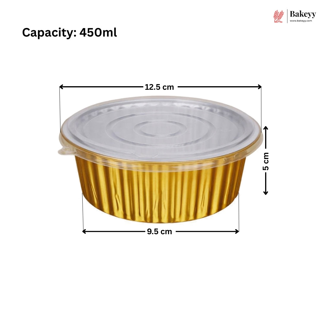 A gold foil round food tray with a clear plastic lid, shown with dimension lines and text indicating a capacity of 450ml, 12.5 cm width, 5 cm height, and 9.