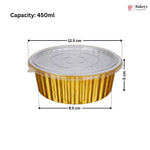 A gold foil round food tray with a clear plastic lid, shown with dimension lines and text indicating a capacity of 450ml, 12.5 cm width, 5 cm height, and 9.