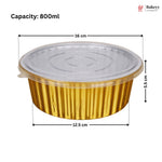A gold aluminum round food tray with a clear plastic lid, shown with dimension lines and text indicating a capacity of 800ml, 16 cm width, 12.5 cm depth, and 5.