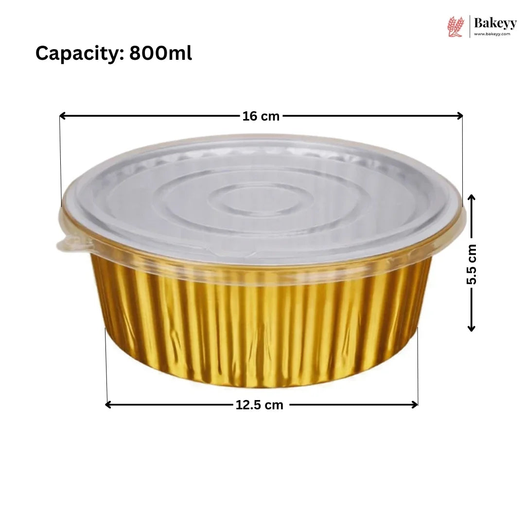 A gold aluminum round food tray with a clear plastic lid, shown with dimension lines and text indicating a capacity of 800ml, 16 cm width, 12.5 cm depth, and 5.