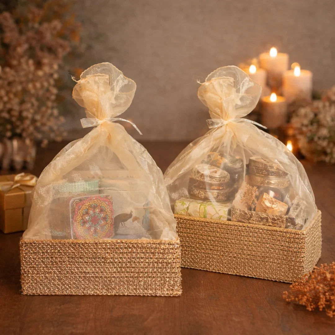 Premium look: Gold textured hamper base with a soft, elegant organza cover
Ready-to-gift: Includes organza bag + tie ribbon for quick packing
Sturdy base: Rigid tray holds jars, sweets, dry fruits, chocolates, and more
Reusable: Can be reused for storage and gifting multiple times
Perfect for: Diwali, weddings, trousseau, birthdays, corporate hampers, festive gifting