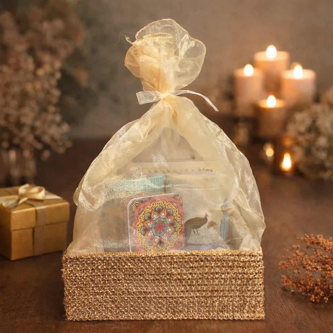 Premium look: Gold textured hamper base with a soft, elegant organza cover
Ready-to-gift: Includes organza bag + tie ribbon for quick packing
Sturdy base: Rigid tray holds jars, sweets, dry fruits, chocolates, and more
Reusable: Can be reused for storage and gifting multiple times
Perfect for: Diwali, weddings, trousseau, birthdays, corporate hampers, festive gifting