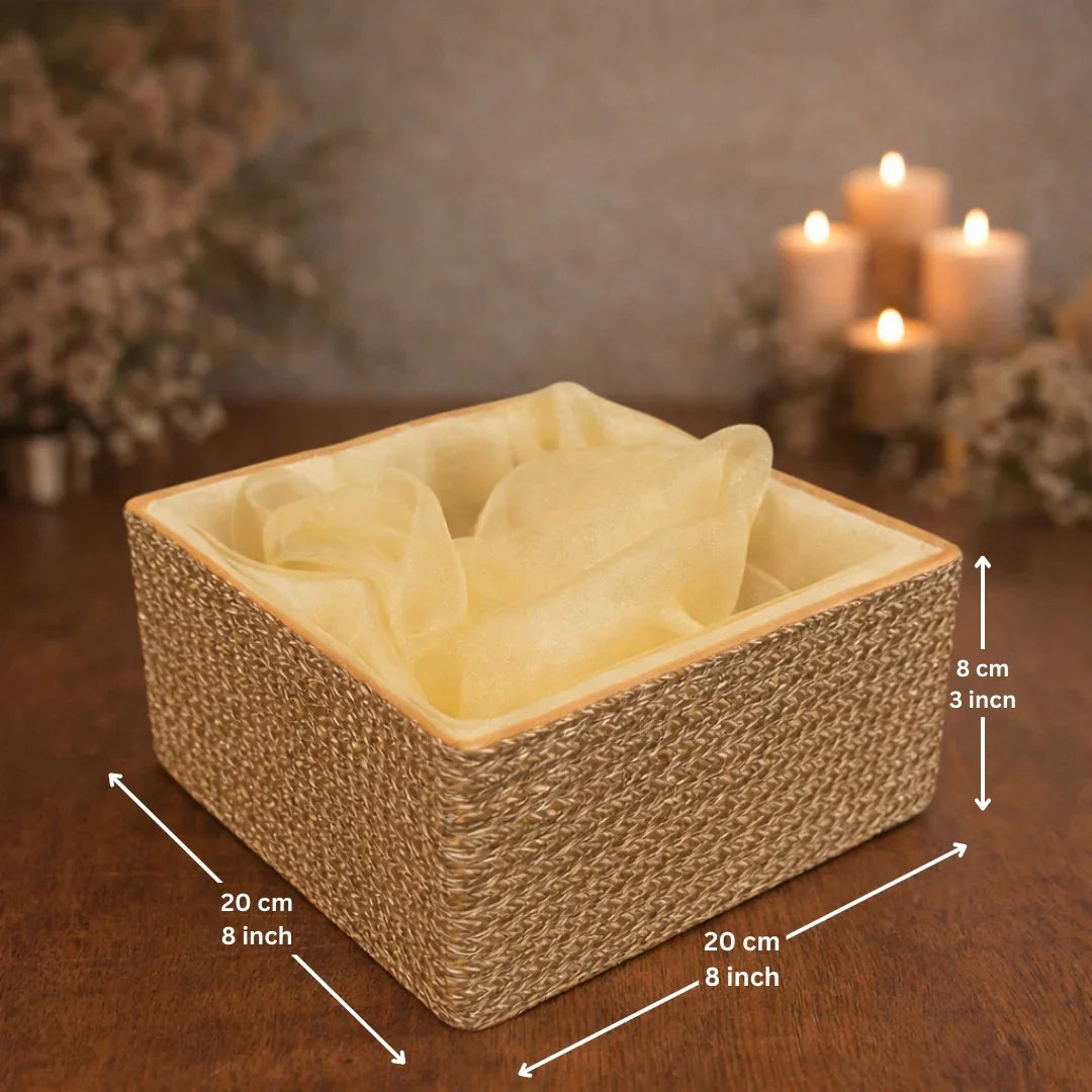 Premium look: Gold textured hamper base with a soft, elegant organza cover
Ready-to-gift: Includes organza bag + tie ribbon for quick packing
Sturdy base: Rigid tray holds jars, sweets, dry fruits, chocolates, and more
Reusable: Can be reused for storage and gifting multiple times
Perfect for: Diwali, weddings, trousseau, birthdays, corporate hampers, festive gifting