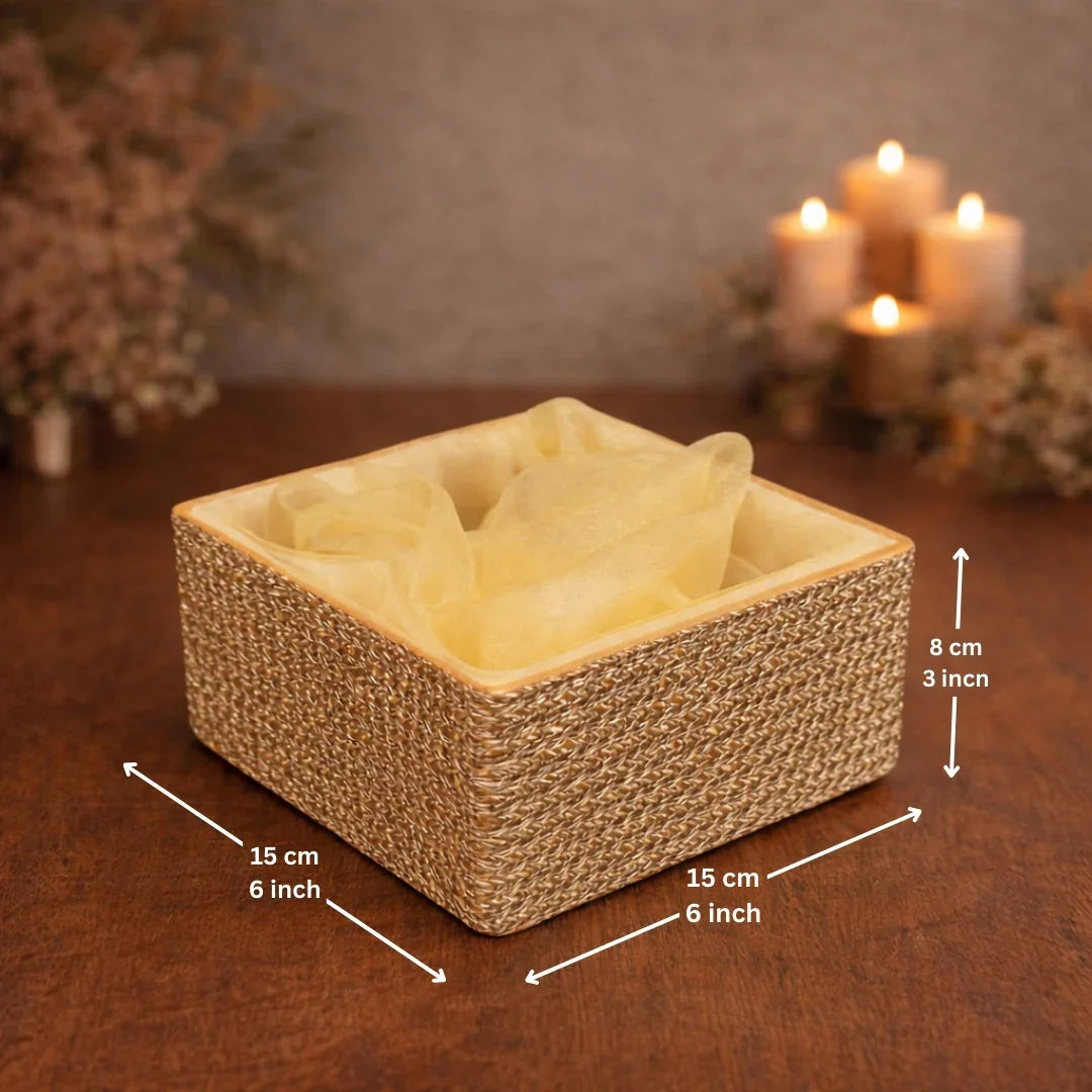 Premium look: Gold textured hamper base with a soft, elegant organza cover
Ready-to-gift: Includes organza bag + tie ribbon for quick packing
Sturdy base: Rigid tray holds jars, sweets, dry fruits, chocolates, and more
Reusable: Can be reused for storage and gifting multiple times
Perfect for: Diwali, weddings, trousseau, birthdays, corporate hampers, festive gifting