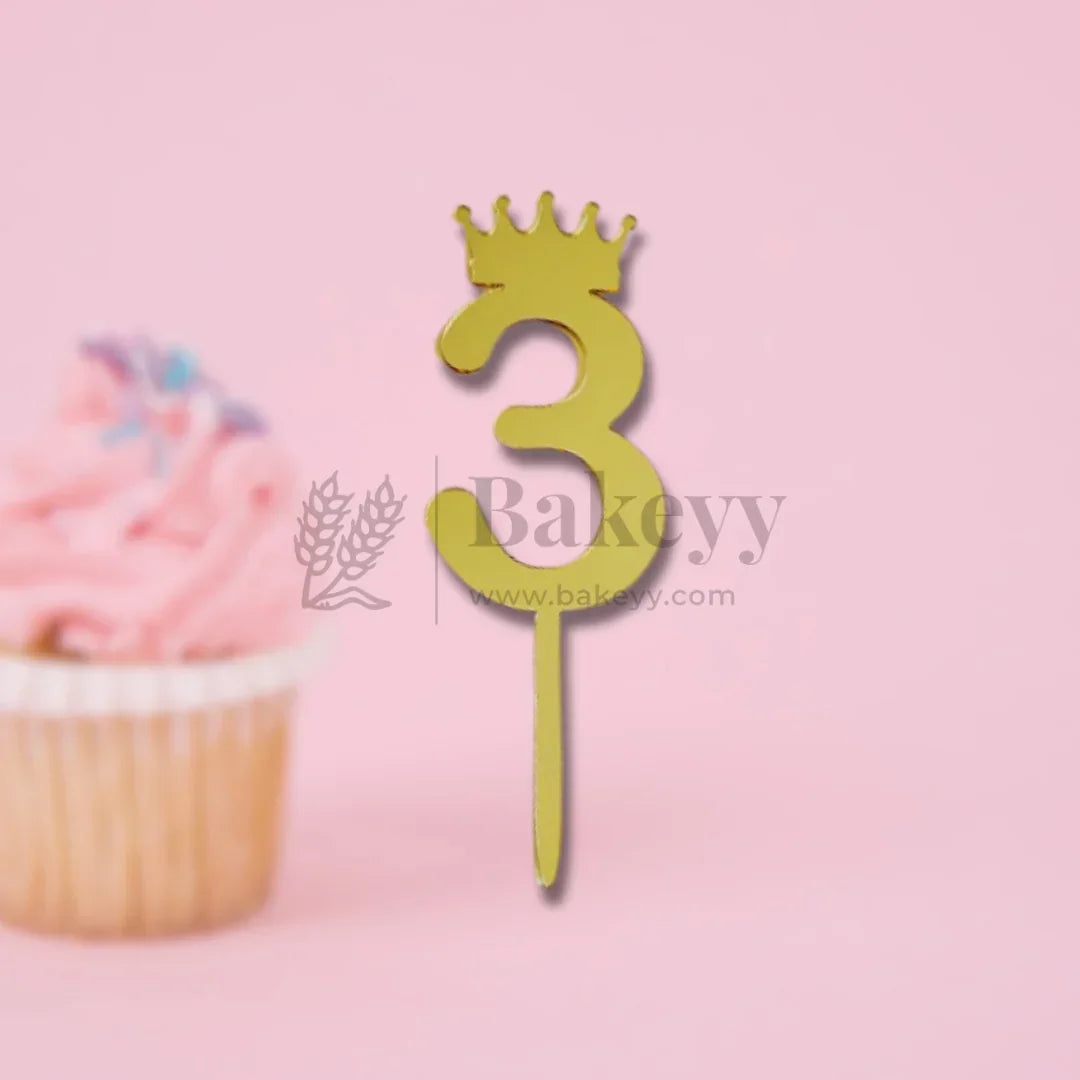 5 Inch | Golden Number 3 Cake Topper with Tiara | 1 Piece