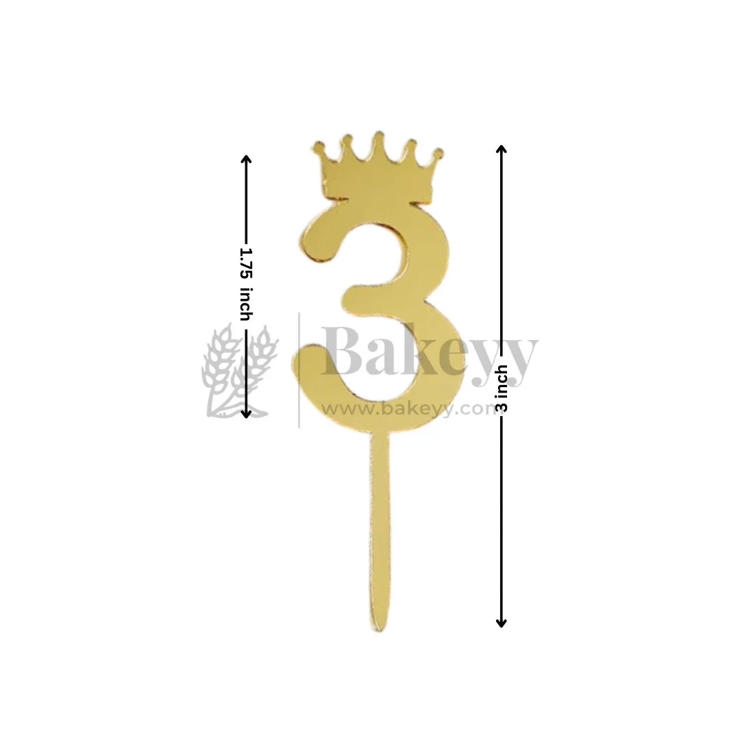 3 Inch | Golden Number 3 Cake Topper with Tiara | 1 Piece