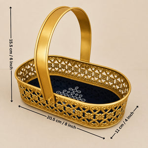 Gold oval basket with a decorative filigree pattern, a single curved handle, and black interior lining, shown with dimension arrows and labels indicating 15.5 cm height, 20.