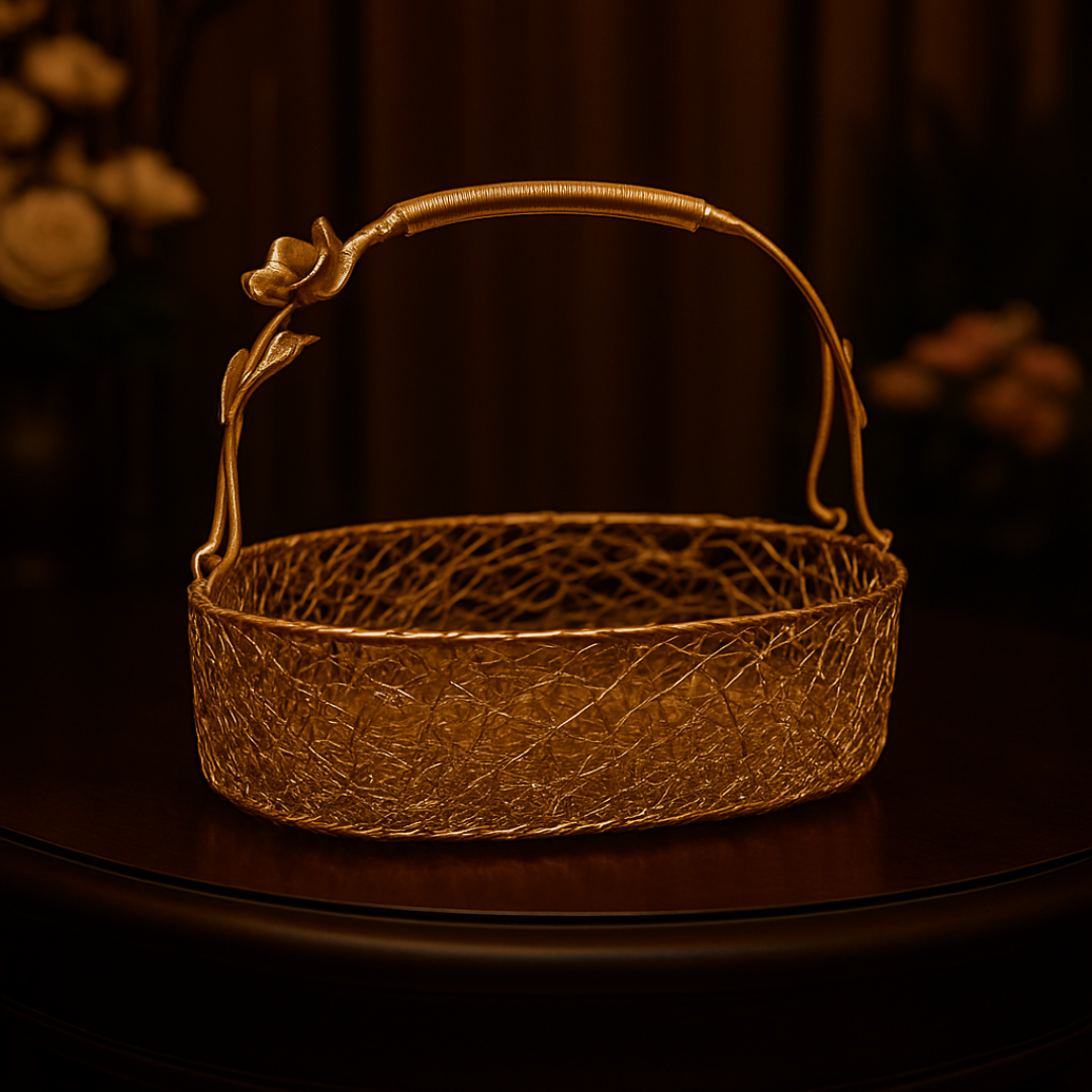 Decorative Gold Metal Hamper Basket For Gifting Oval with Handle | 1 Piece