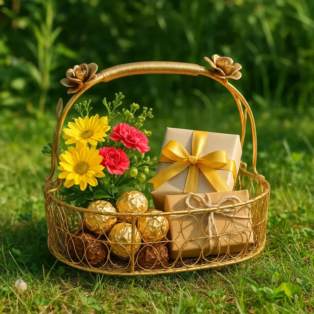 Gold metal hamper basket with flowers, gift boxes, and chocolates on grass, Bakeyy.com gift packaging.
