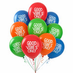 Colorful balloons with 'Good Vibes Only' text on a white background