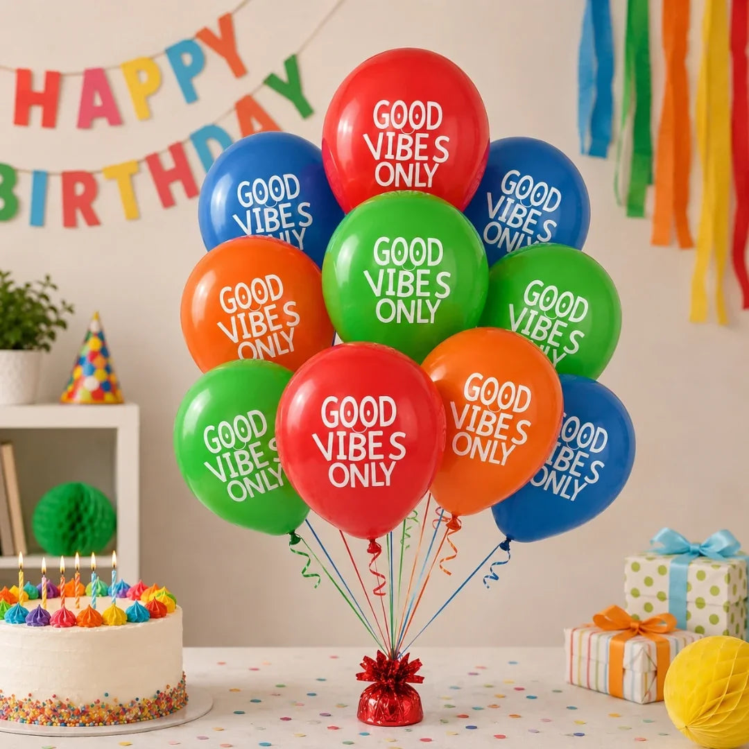Colorful balloons with 'Good Vibes Only' text on a birthday celebration setting.