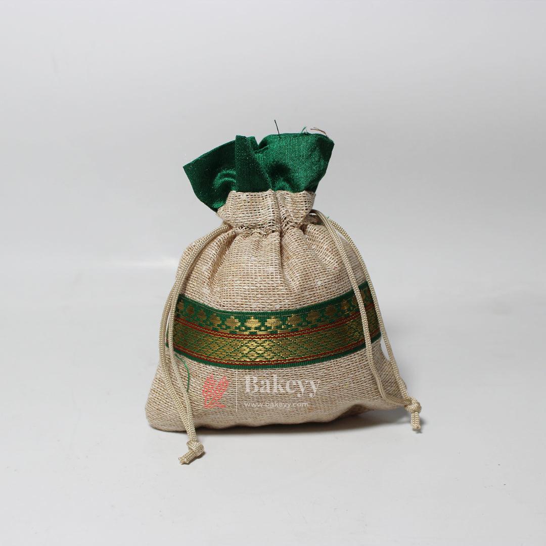 13x14 CM \ 5x6 inch| Elegant Jute  Green Drawstring Gift Bag | Drawstring Bags | Pack of 10