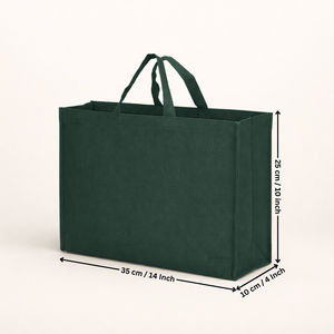 Green tote bag with measurements on a white background
