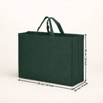 Green tote bag with measurements on a white background