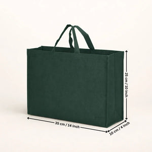 Green tote bag with measurements on a white background