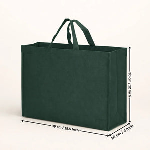 Green tote bag with dimensions indicated on a white background