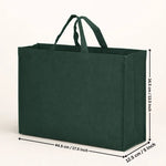 Green tote bag with measurements on a white background