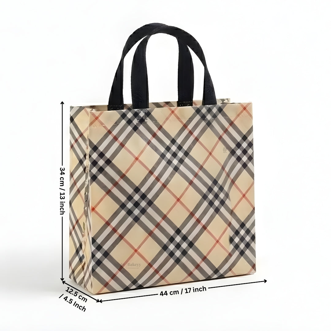 Premium Checkered Laminated Carry Bags | Beige & Tan Plaid 2 Design Design Option | 3 Size Options | Pack of 50