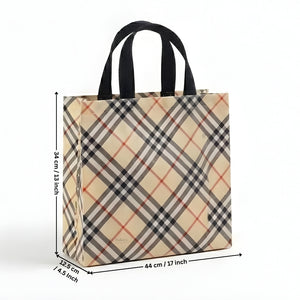 Premium Checkered Laminated Carry Bags | Beige & Tan Plaid 2 Design Design Option | 3 Size Options | Pack of 50