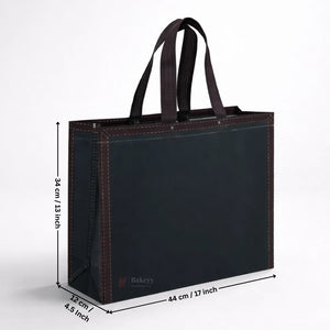 Black tote bag with measurements on a white background