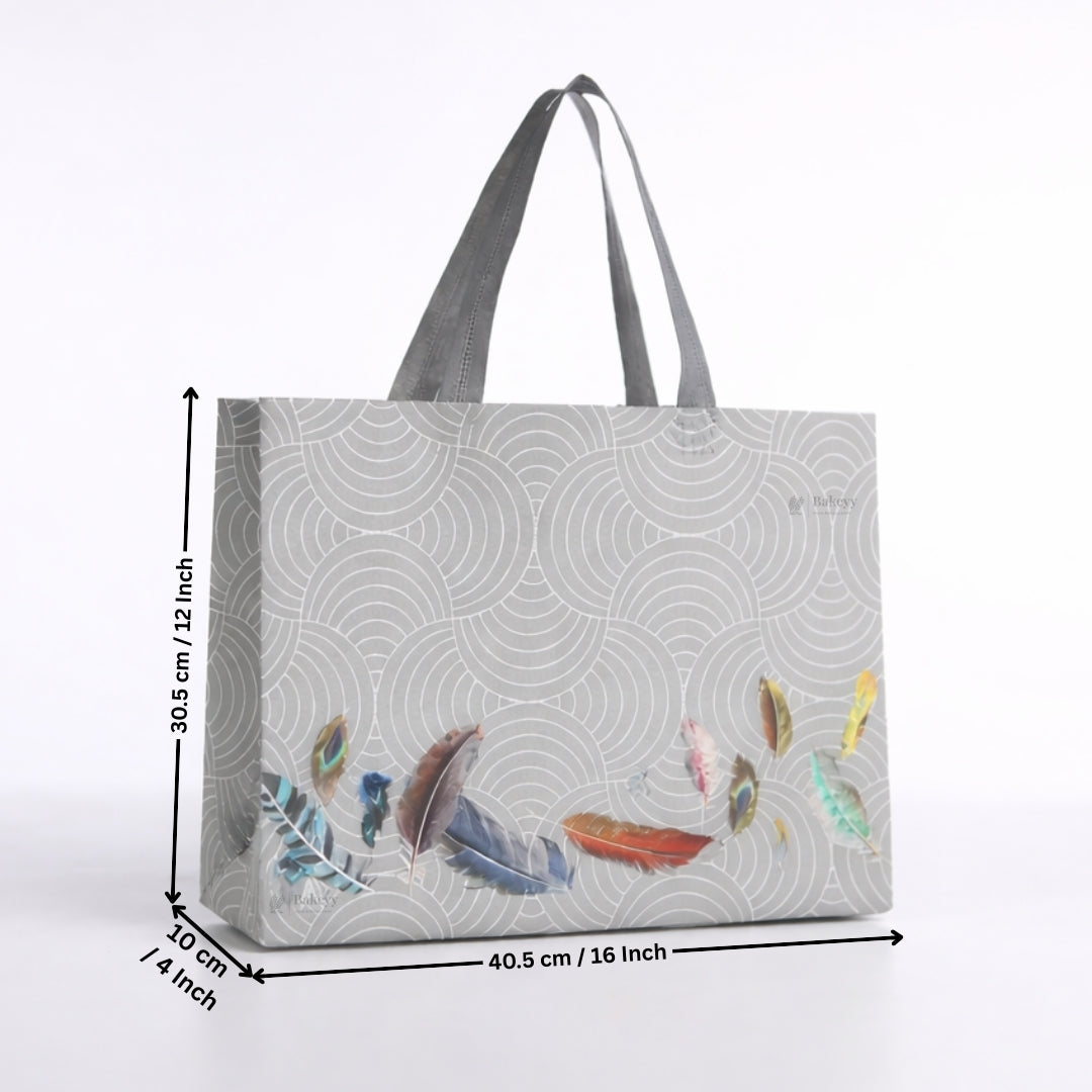 Grey Patterned Laminated Carry Bag with Feather Artwork | 3 Size Options | Pack of 50