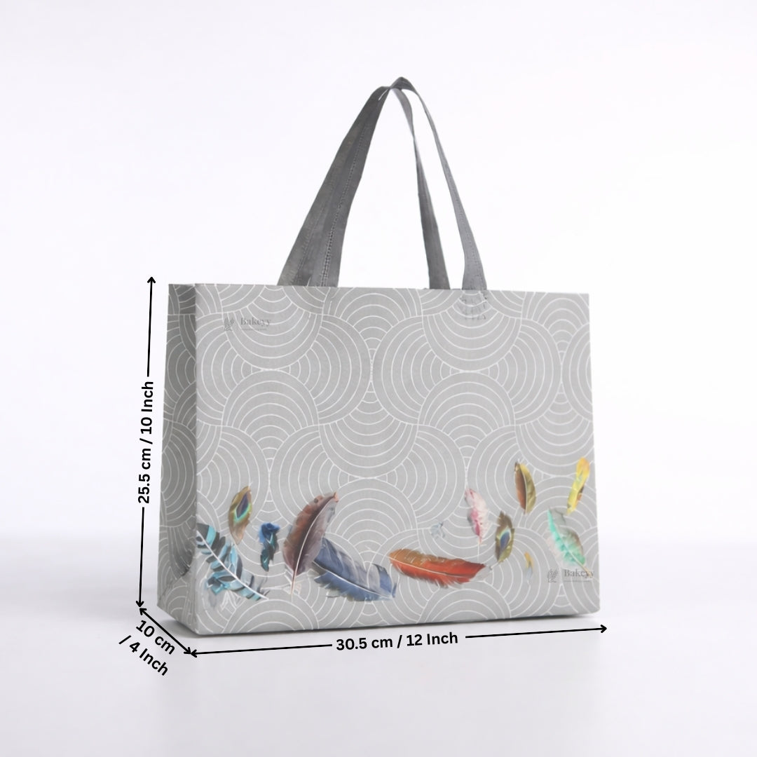 Grey Patterned Laminated Carry Bag with Feather Artwork | 3 Size Options | Pack of 50