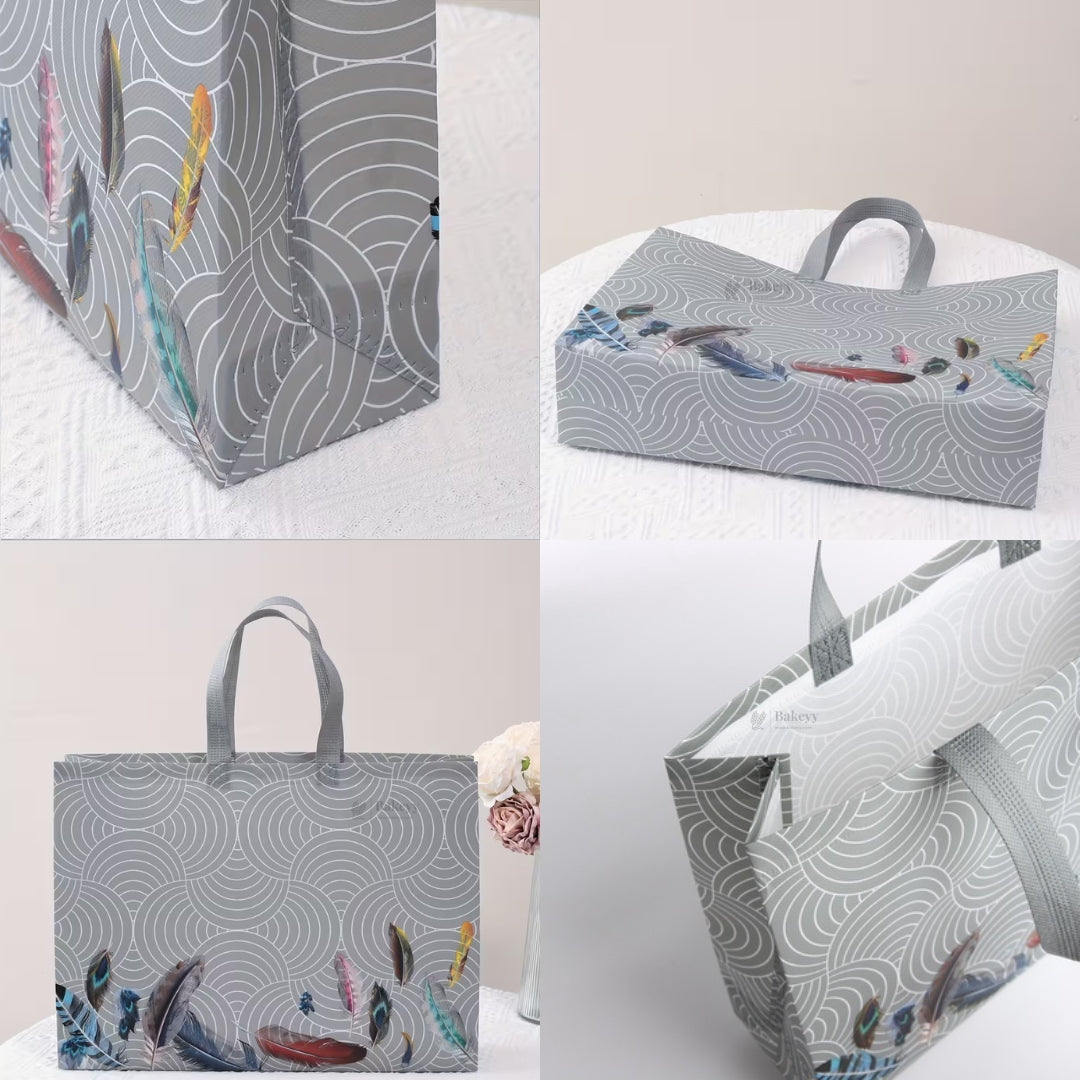 Grey Patterned Laminated Carry Bag with Feather Artwork | 3 Size Options | Pack of 50