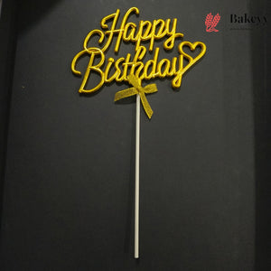 8.5 Inch | Metallic Gold Happy Birthday Cake Topper with Ribbon | Metallic Gold | 1 Piece