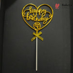 8.5 Inch | Metallic Gold Happy Birthday Cake Topper with Ribbon | Metallic Gold | 1 Piece