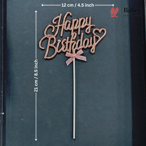 8.5 Inch | Metallic Rose Gold Happy Birthday Cake Topper with Ribbon | Metallic Rose Gold | 1 Piece