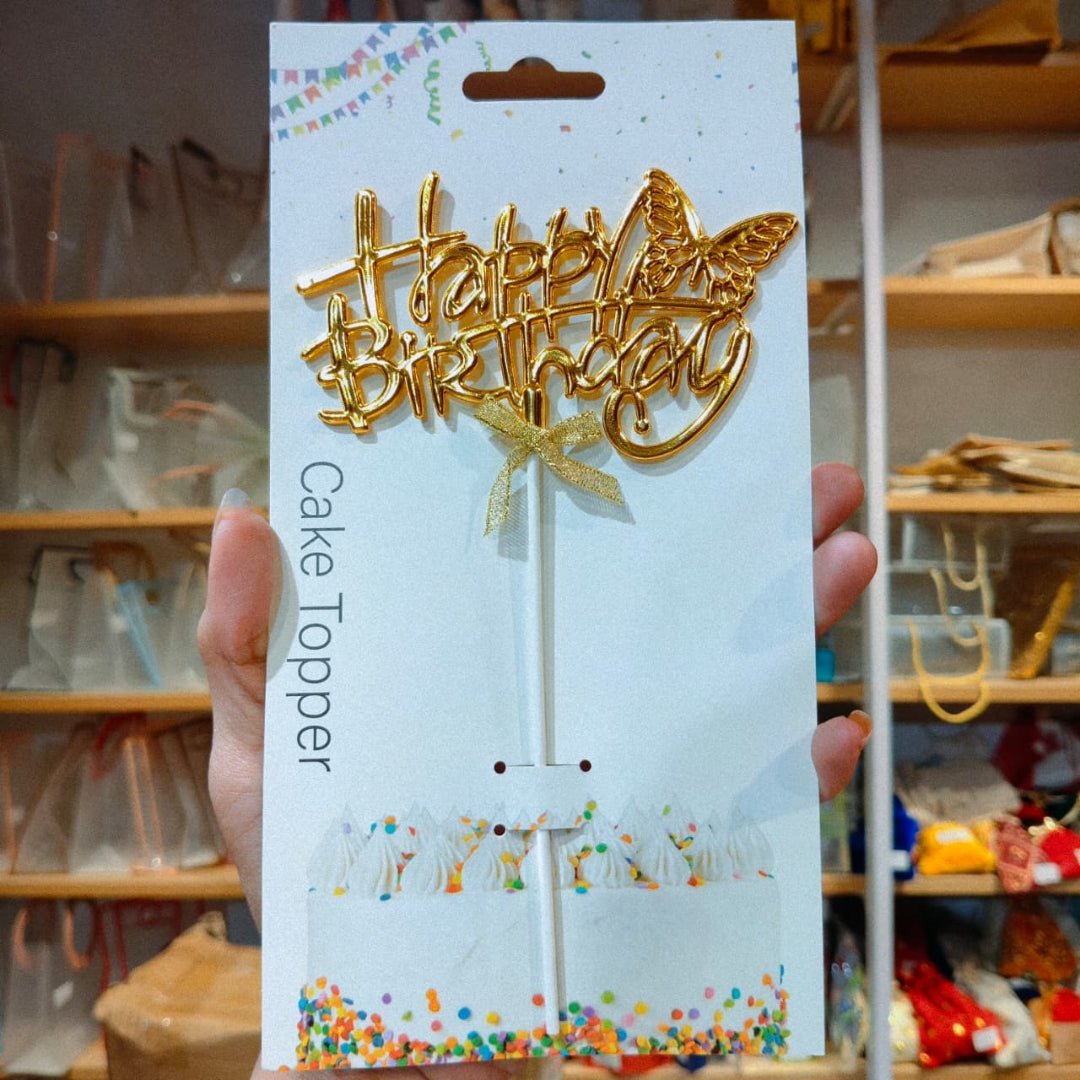 8.5 Inch | Metallic Gold Happy Birthday Cake Topper with Ribbon | Metallic Gold | 1 Piece