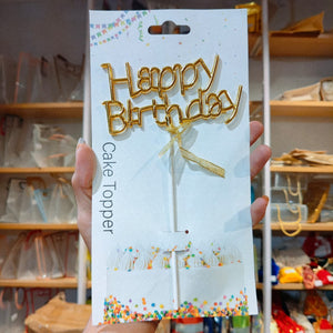 8.5 Inch | Metallic Gold Happy Birthday Cake Topper with Ribbon | Metallic Gold | 1 Piece