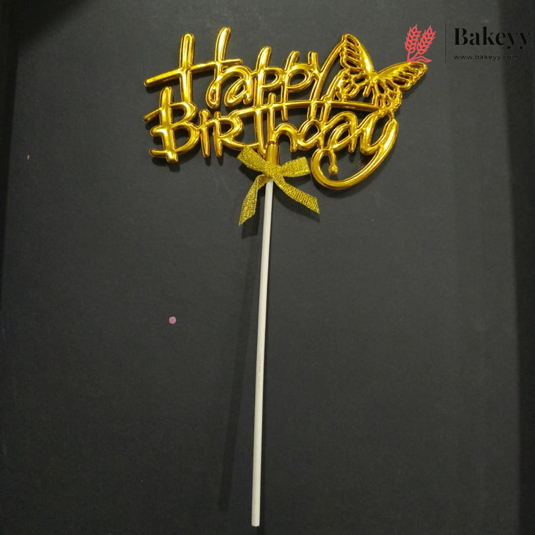 8.5 Inch | Metallic Gold Happy Birthday Cake Topper with Ribbon | Metallic Gold | 1 Piece