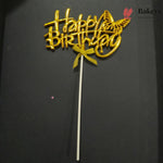8.5 Inch | Metallic Gold Happy Birthday Cake Topper with Ribbon | Metallic Gold | 1 Piece