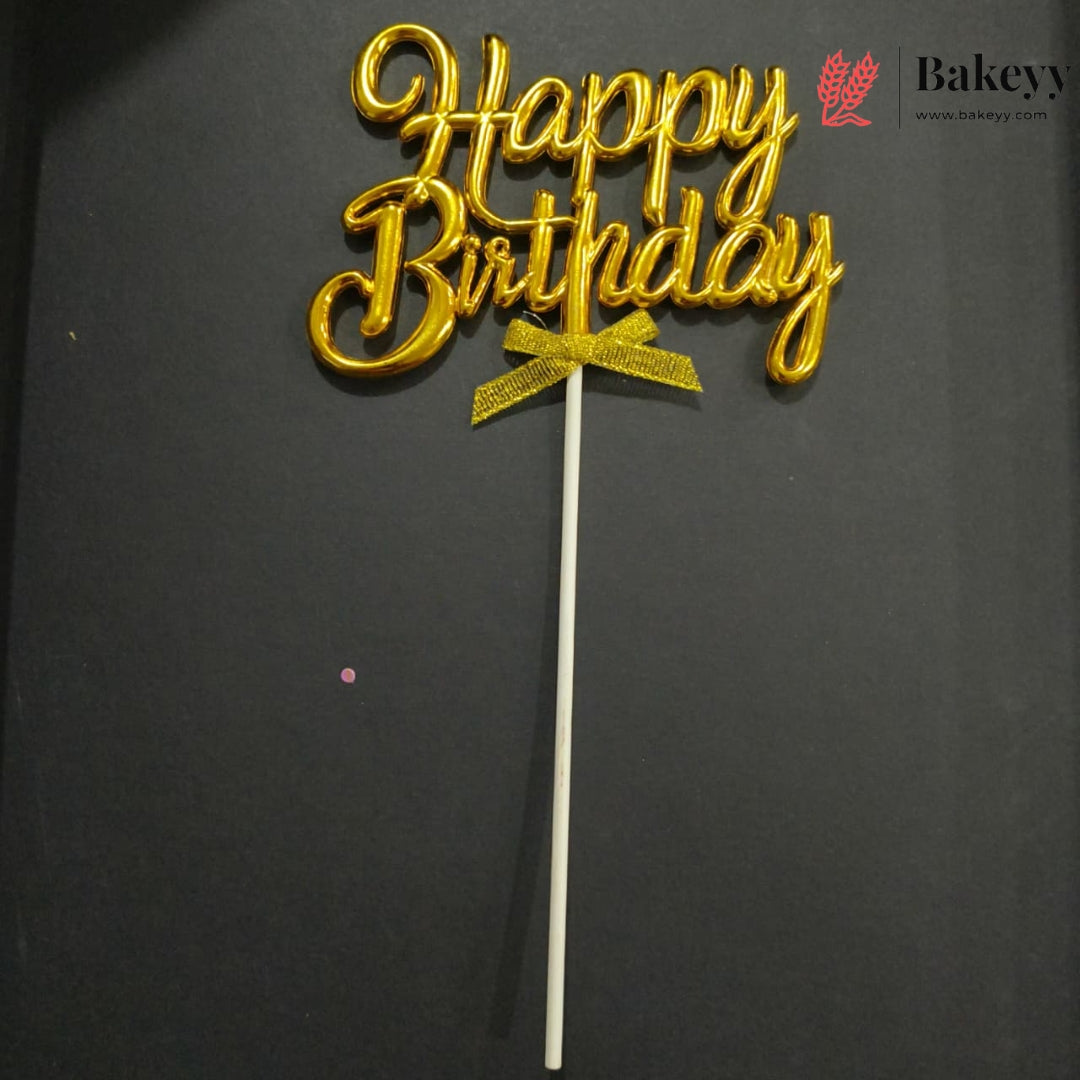 8.5 Inch | Metallic Gold Happy Birthday Cake Topper with Ribbon | Metallic Gold | 1 Piece