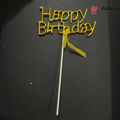 8.5 Inch | Metallic Gold Happy Birthday Cake Topper with Ribbon | Metallic Gold | 1 Piece