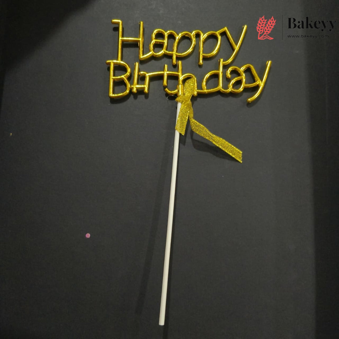 8.5 Inch | Metallic Gold Happy Birthday Cake Topper with Ribbon | Metallic Gold | 1 Piece