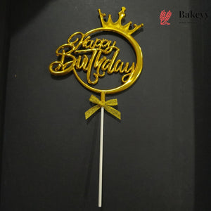 8.5 Inch | Metallic Gold Happy Birthday Cake Topper with Ribbon | Metallic Gold | 1 Piece