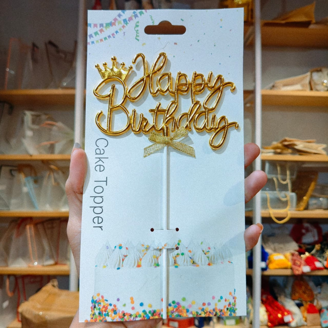 8.5 Inch | Metallic Gold Happy Birthday Cake Topper with Ribbon | Metallic Gold | 1 Piece