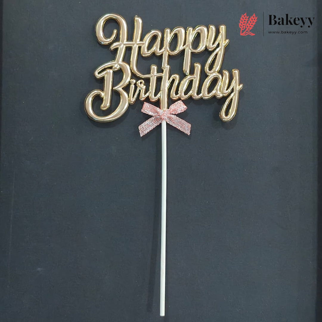 8.5 Inch | Metallic Brass Happy Birthday Cake Topper with Ribbon | Metallic Brass| 1 Piece
