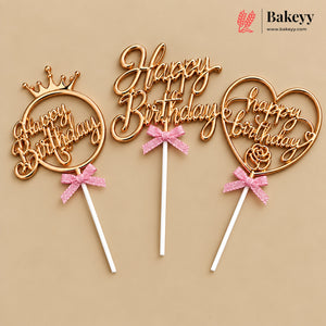 8.5 Inch | Metallic Brass Happy Birthday Cake Topper with Ribbon | Metallic Brass| 1 Piece