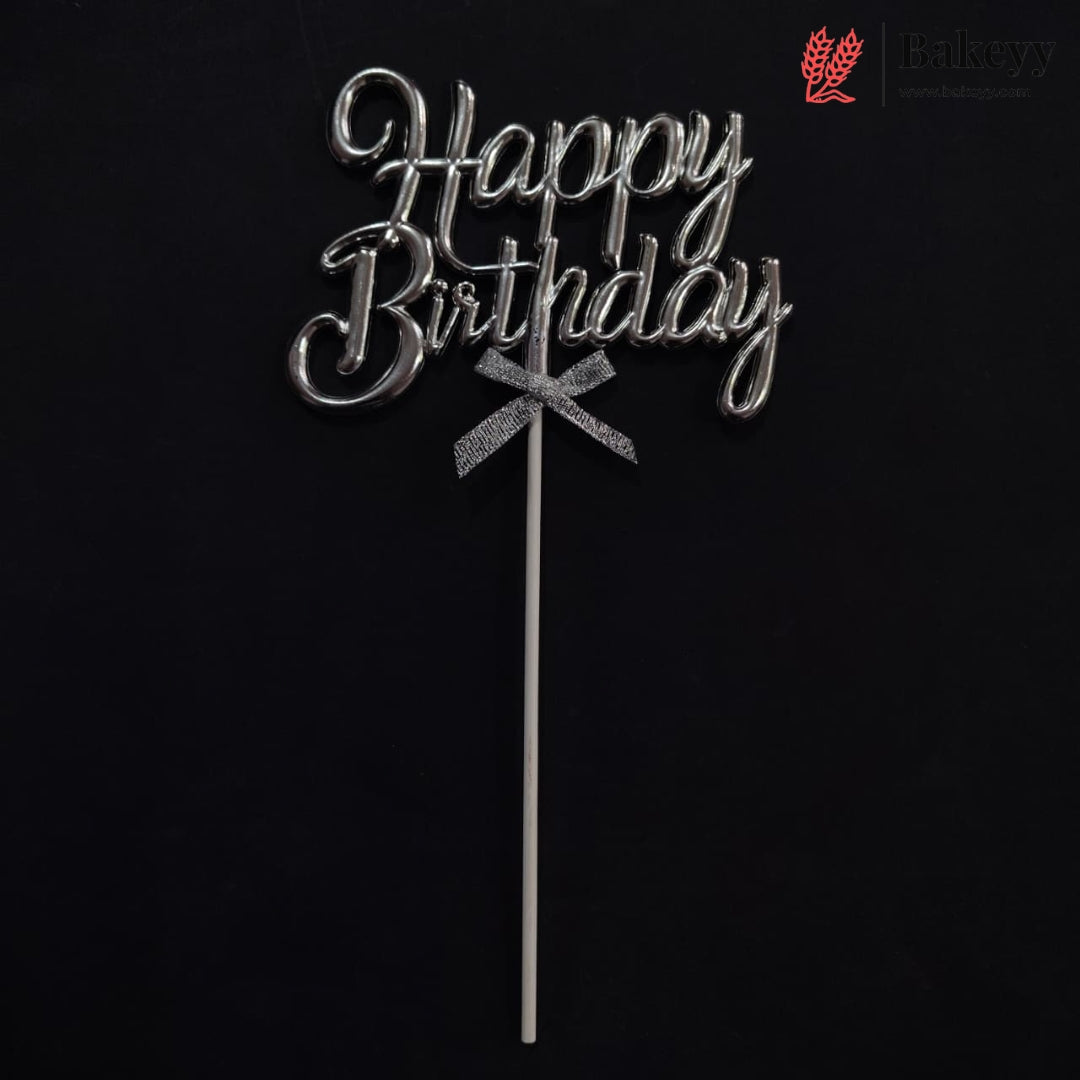 8.5 Inch | Metallic Silver Happy Birthday Cake Topper with Ribbon | Metallic Silver | 1 Piece