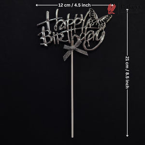 8.5 Inch | Metallic Silver Happy Birthday Cake Topper with Ribbon | Metallic Silver | 1 Piece