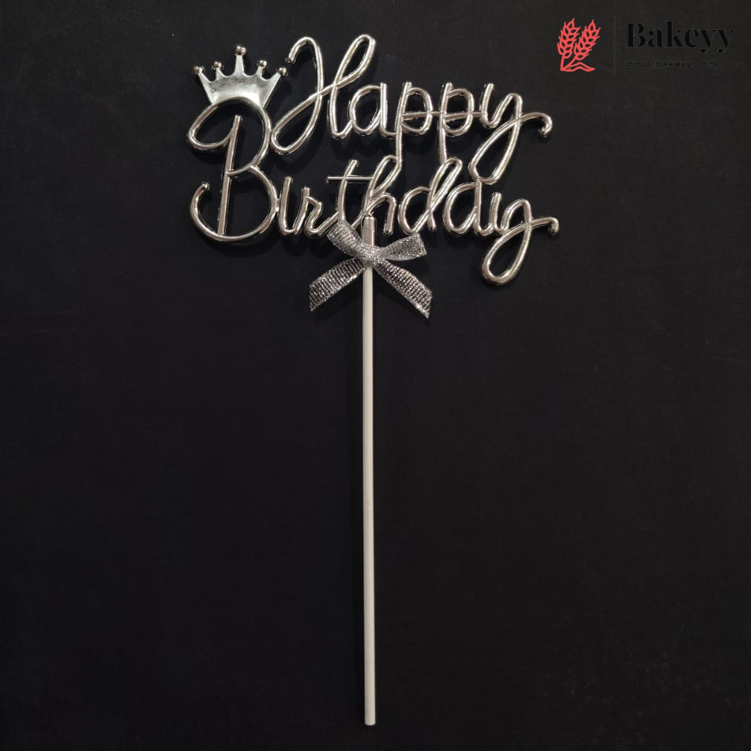 8.5 Inch | Metallic Silver Happy Birthday Cake Topper with Ribbon | Metallic Silver | 1 Piece