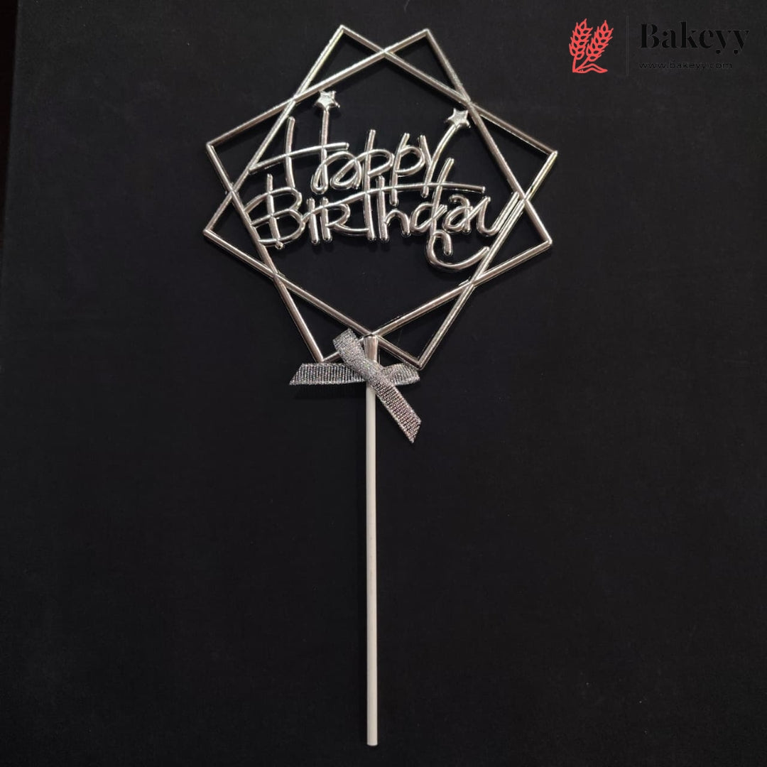 8.5 Inch | Metallic Silver Happy Birthday Cake Topper with Ribbon | Metallic Silver | 1 Piece